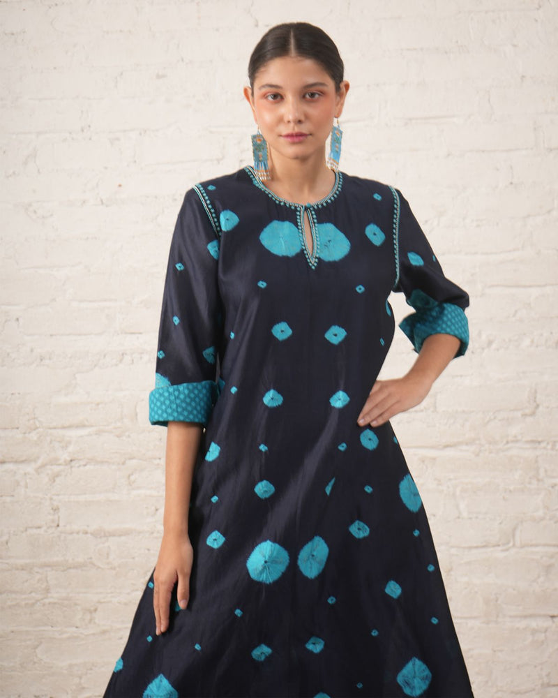 Indigo Silk Chanderi Kurta with Bandhini chanderi by Myoho in blue color for women Worldwide