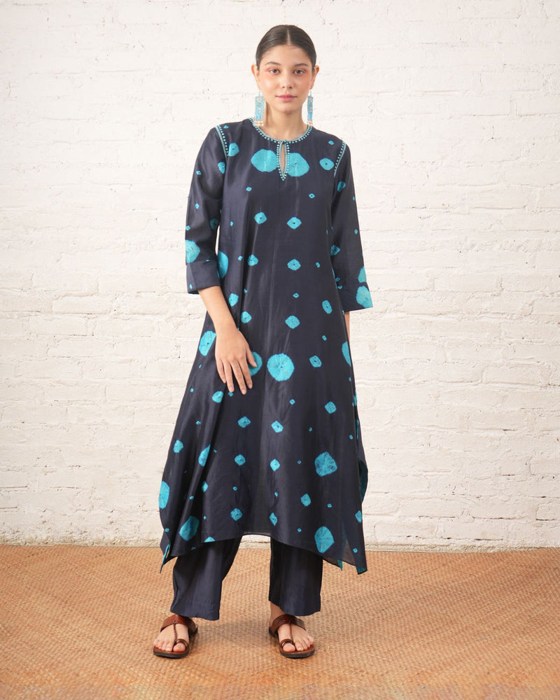 Indigo Silk Chanderi Kurta with Bandhini chanderi by Myoho in blue color for women Worldwide