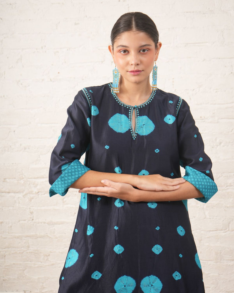 Indigo Silk Chanderi Kurta with Bandhini chanderi by Myoho in blue color for women Worldwide