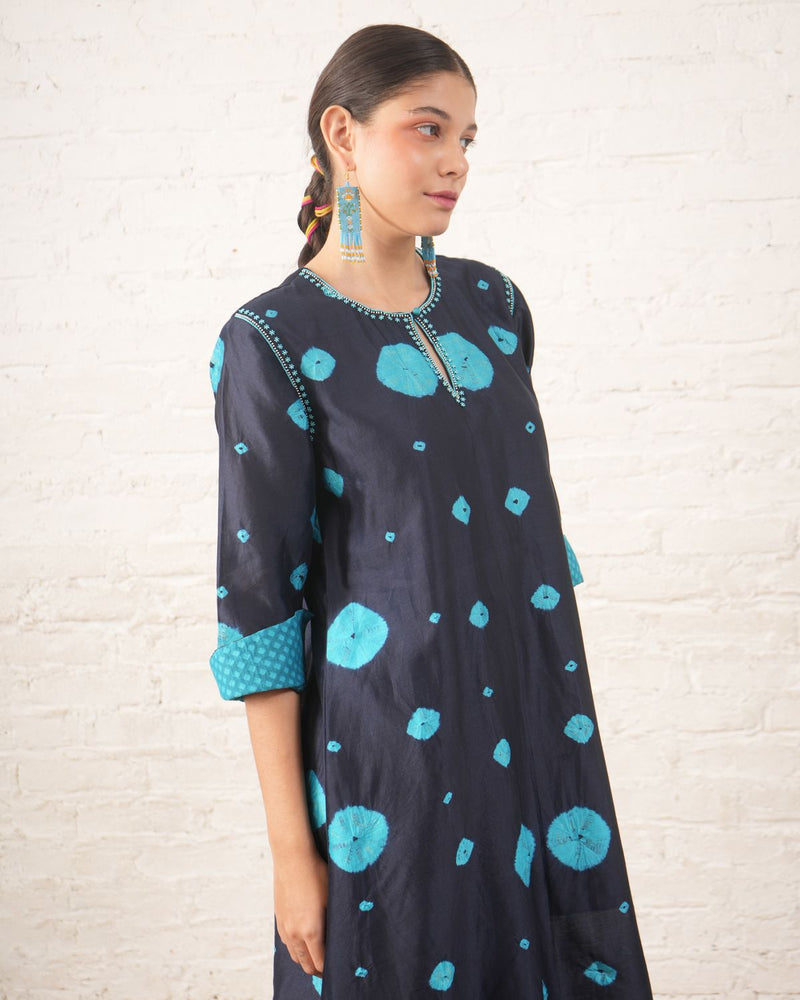 Indigo Silk Chanderi Kurta with Bandhini chanderi by Myoho in blue color for women Worldwide
