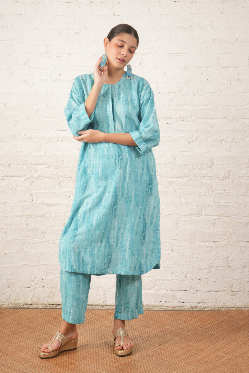 Aqua Cotton Linen Printed Kurta Set cotton by Myoho for women Worldwide