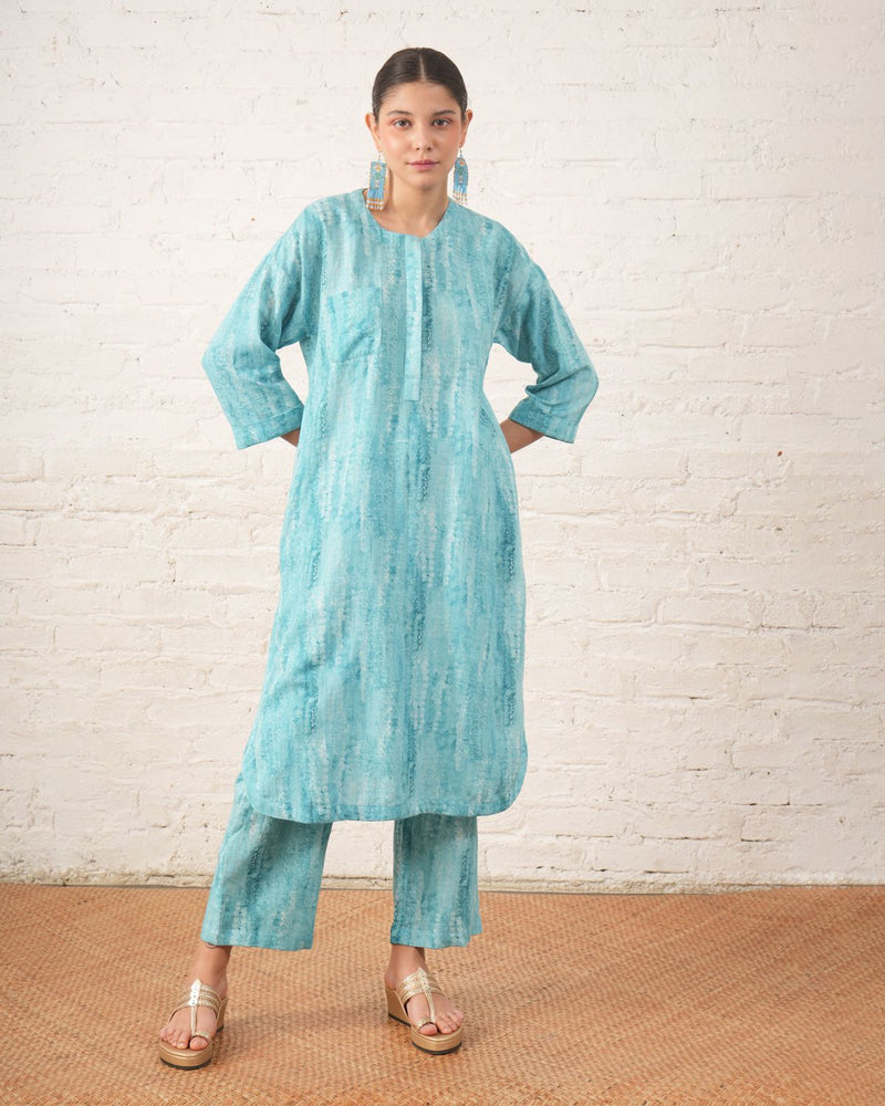 Aqua Cotton Linen Printed Kurta Set cotton by Myoho for women Worldwide
