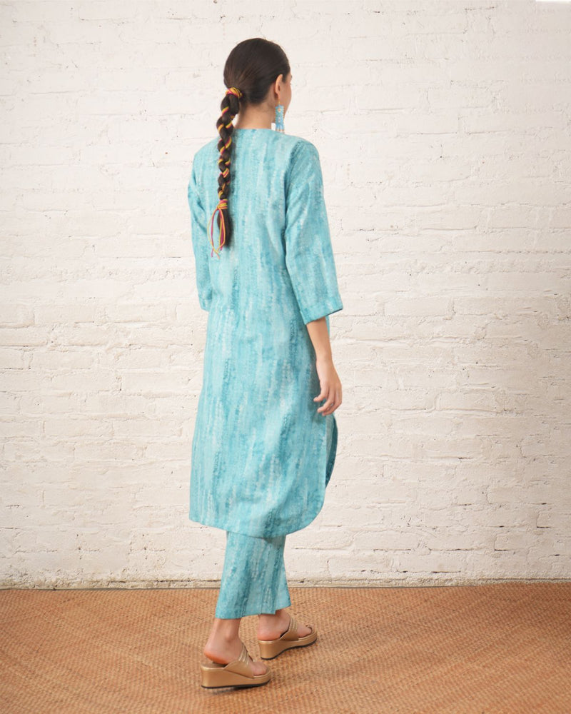 Aqua Cotton Linen Printed Kurta Set cotton by Myoho for women Worldwide