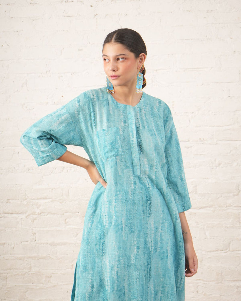 Aqua Cotton Linen Printed Kurta Set cotton by Myoho for women Worldwide