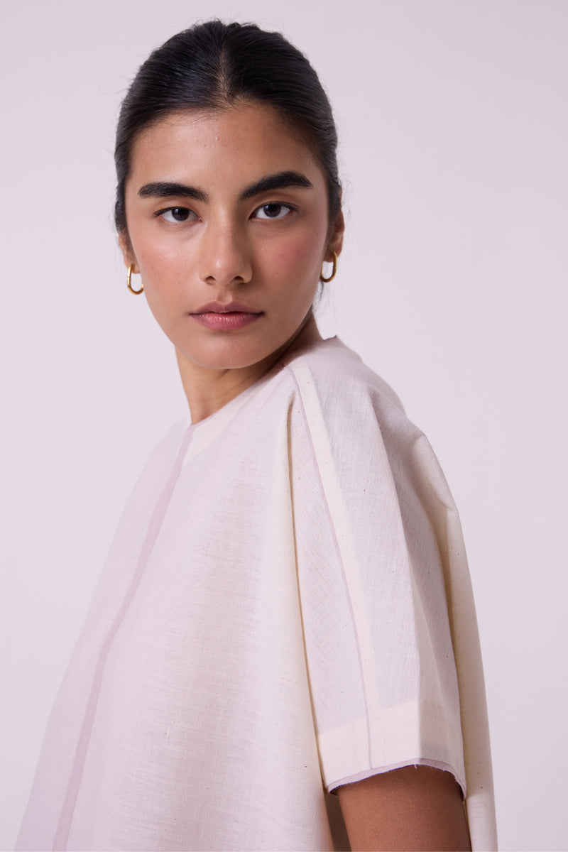 Kaze Ecru Colourblocked Handwoven Tent Top handwoven cotton top/shirt by The Summer House in off white for women Worldwide