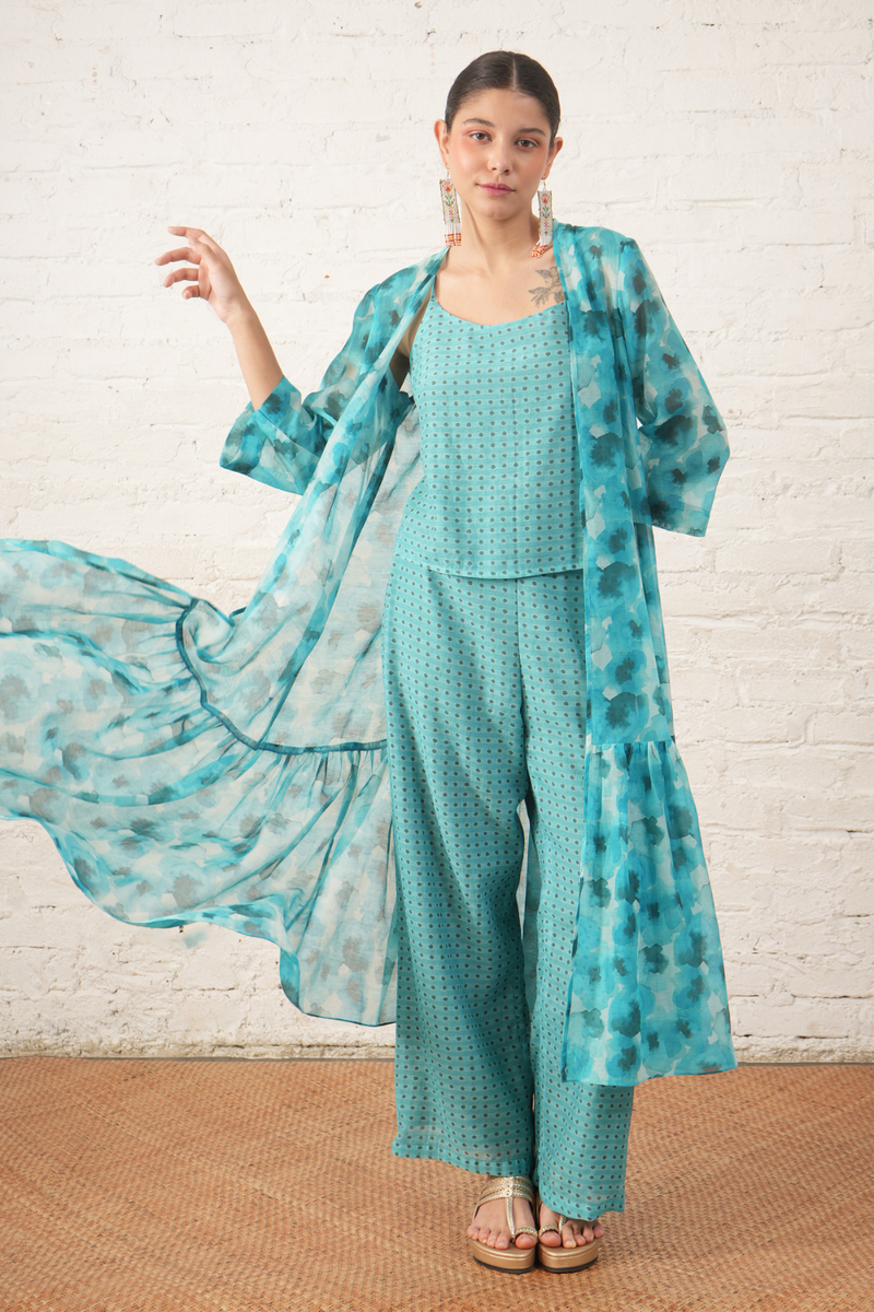 Aqua Printed Overlay with Co‑ordinated Inner and Pants chanderi by Myoho for women Worldwide