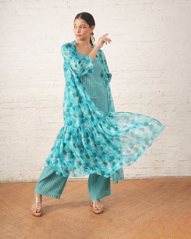 Aqua Printed Overlay with Co‑ordinated Inner and Pants chanderi by Myoho for women Worldwide