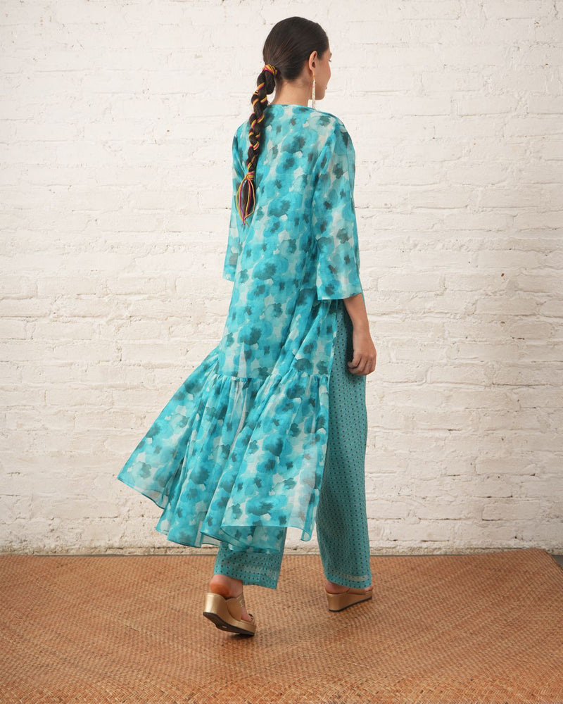 Aqua Printed Overlay with Co‑ordinated Inner and Pants chanderi by Myoho for women Worldwide