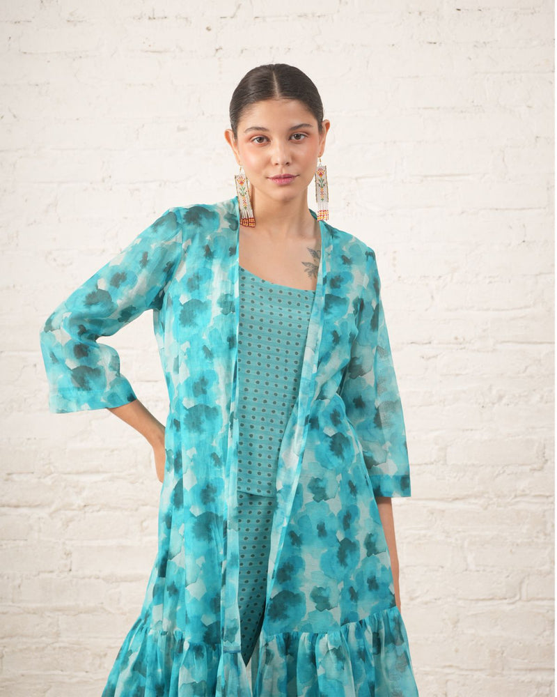 Aqua Printed Overlay with Co‑ordinated Inner and Pants chanderi by Myoho for women Worldwide