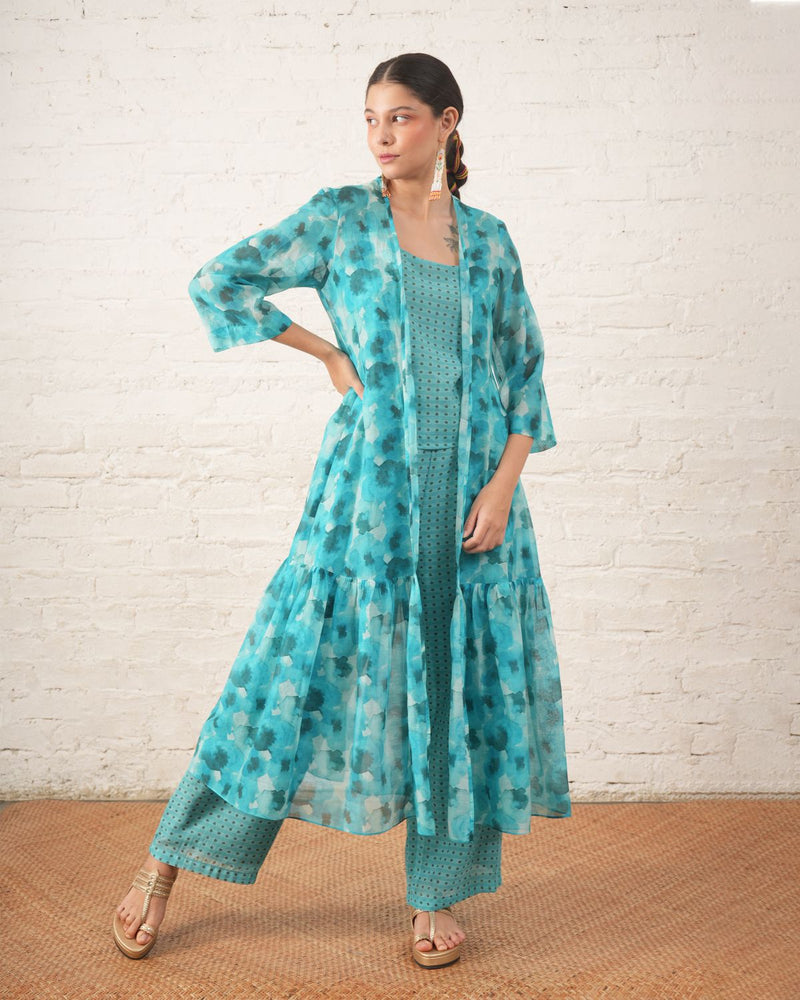 Aqua Printed Overlay with Co‑ordinated Inner and Pants chanderi by Myoho for women Worldwide
