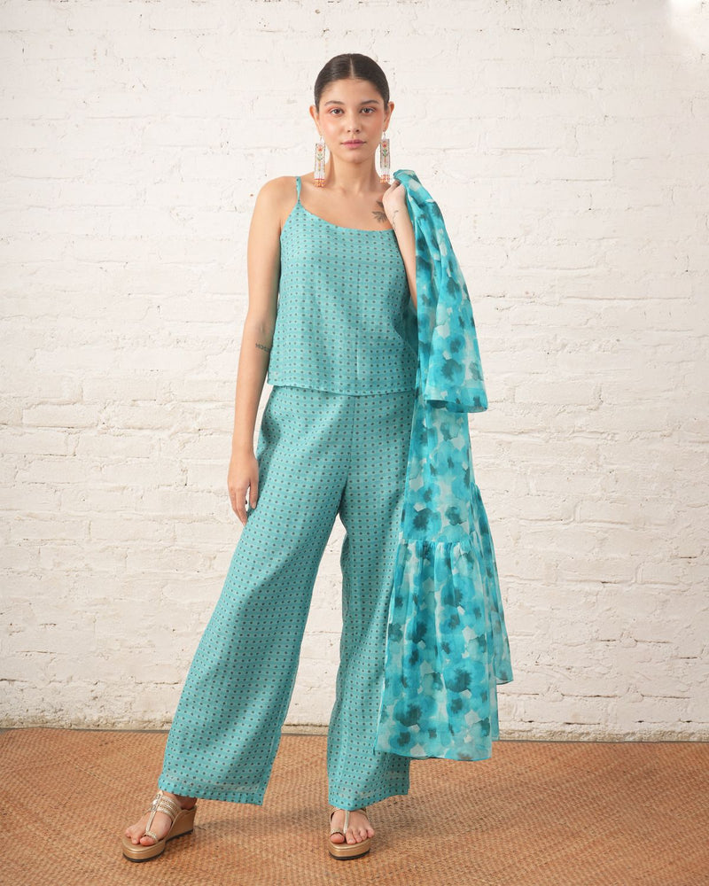 Aqua Printed Overlay with Co‑ordinated Inner and Pants chanderi by Myoho for women Worldwide