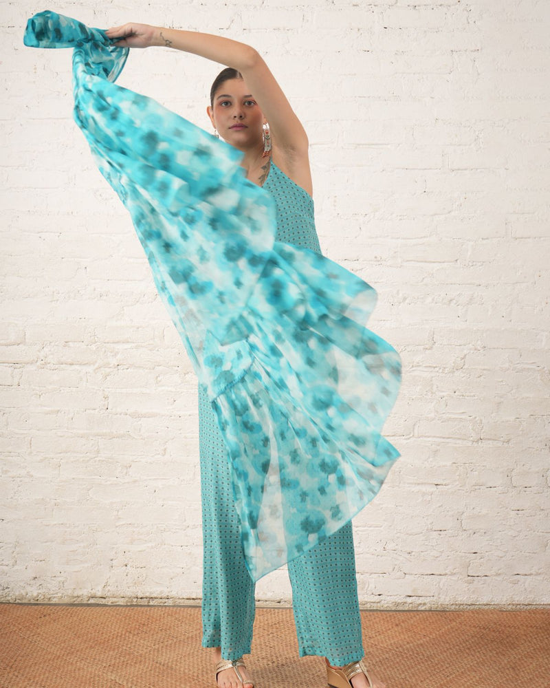 Aqua Printed Overlay with Co‑ordinated Inner and Pants chanderi by Myoho for women Worldwide