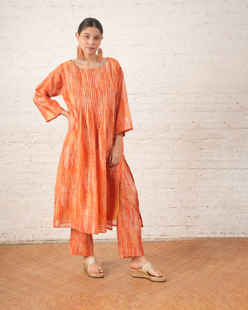 Peach Silk Chanderi Pintuck Kurta with Pants chanderi by Myoho in peach color for women Worldwide