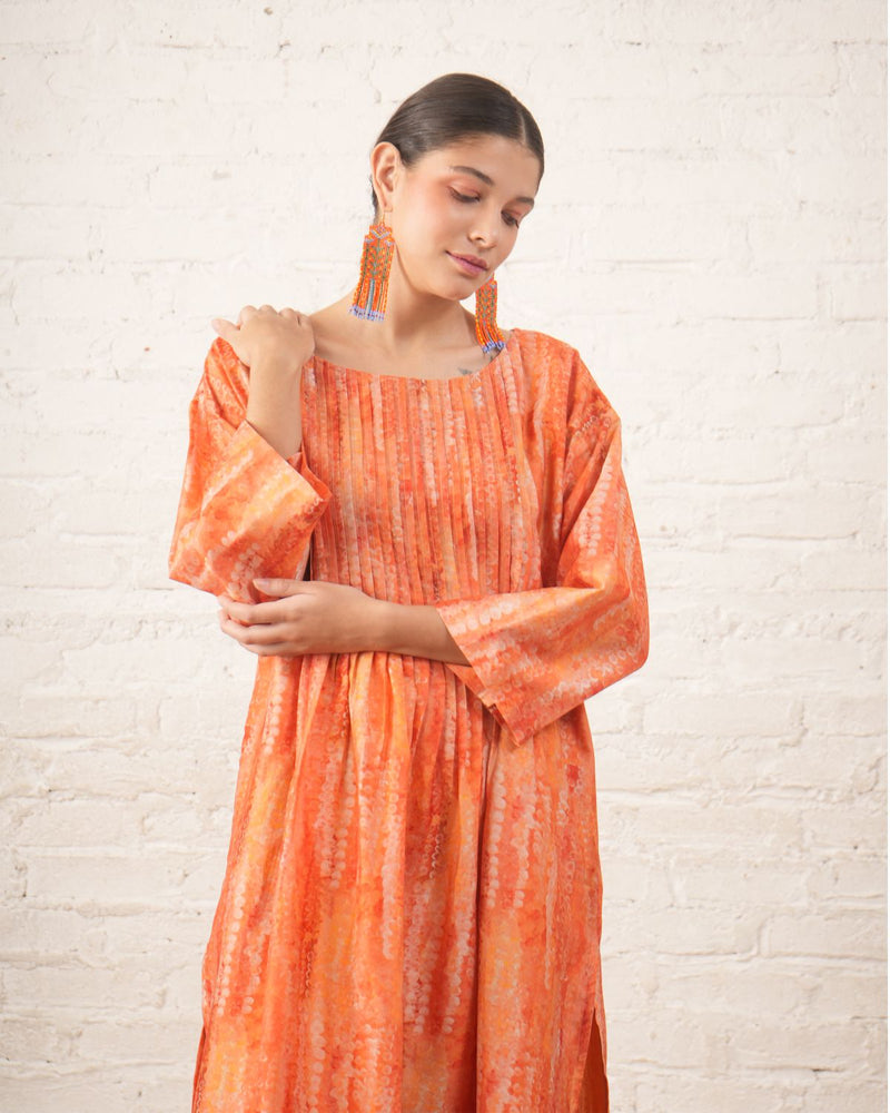 Peach Silk Chanderi Pintuck Kurta with Pants chanderi by Myoho in peach color for women Worldwide