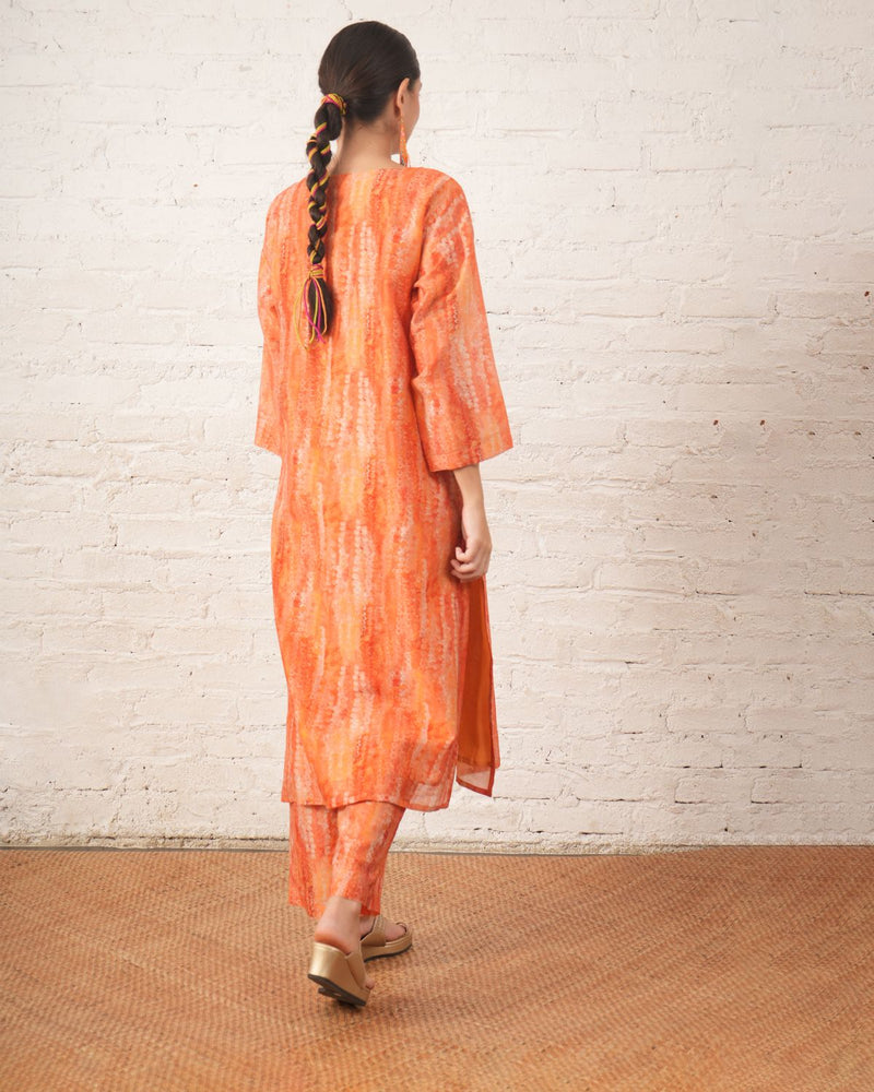 Peach Silk Chanderi Pintuck Kurta with Pants chanderi by Myoho in peach color for women Worldwide