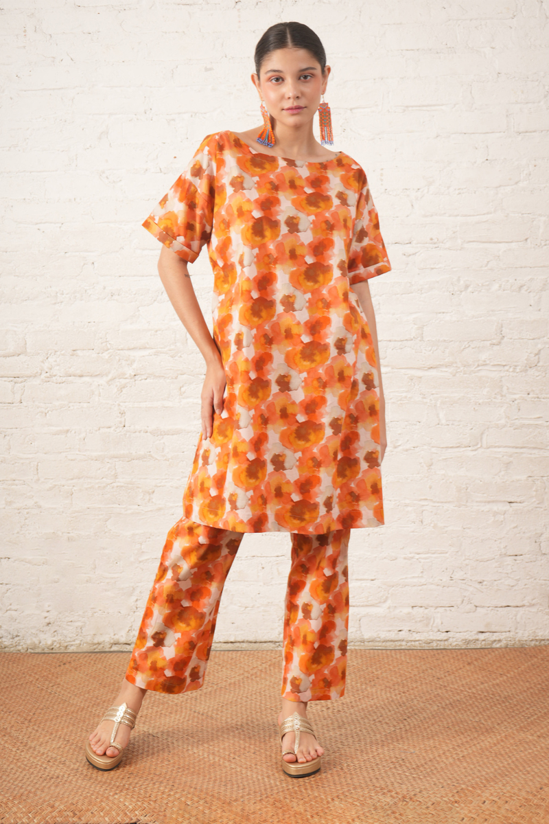 Rust Floral Printed Organic Cotton Kurta Set cotton by Myoho in peach color for women Worldwide