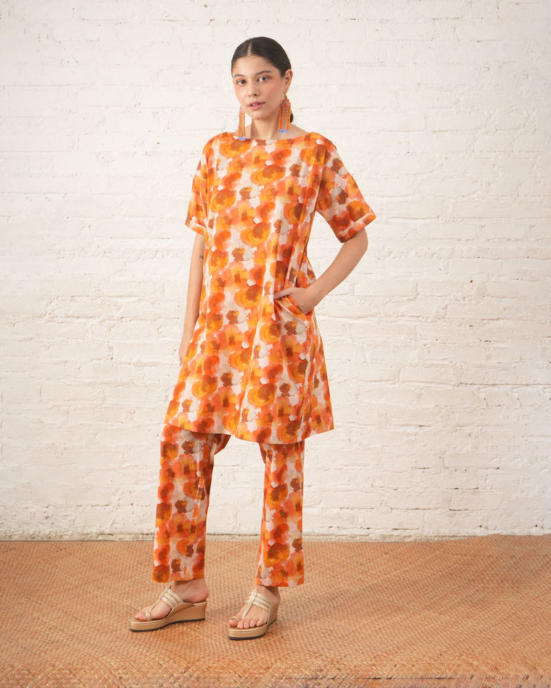 Rust Floral Printed Organic Cotton Kurta Set cotton by Myoho in peach color for women Worldwide