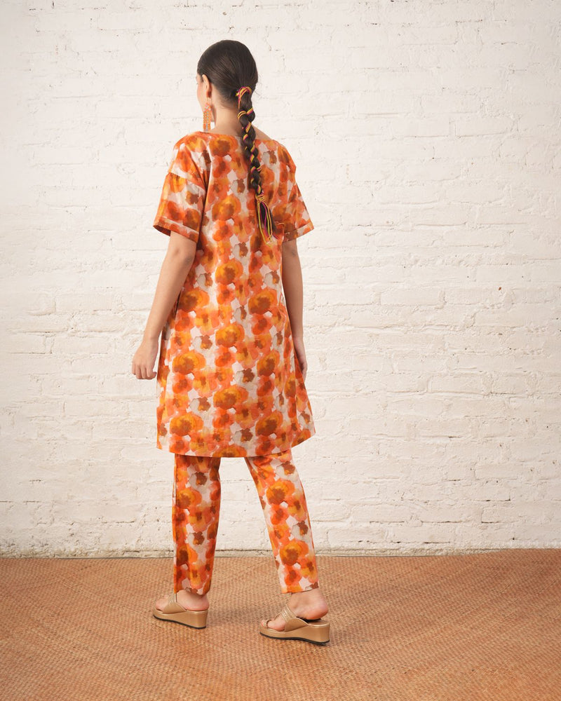 Rust Floral Printed Organic Cotton Kurta Set cotton by Myoho in peach color for women Worldwide