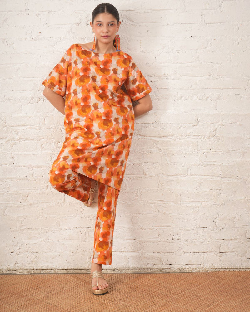 Rust Floral Printed Organic Cotton Kurta Set cotton by Myoho in peach color for women Worldwide