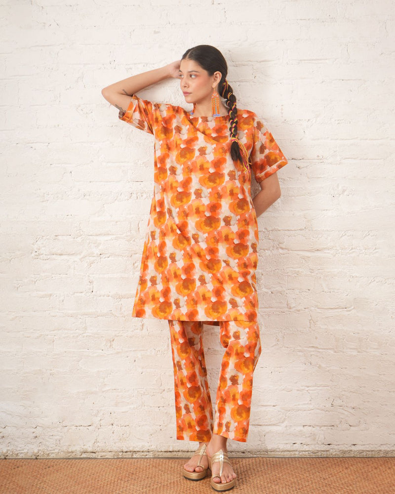 Rust Floral Printed Organic Cotton Kurta Set cotton by Myoho in peach color for women Worldwide