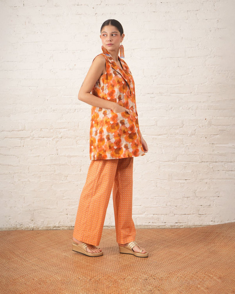 Rust Printed Co‑ord Set with Jacket cotton by Myoho in rust color for women Worldwide