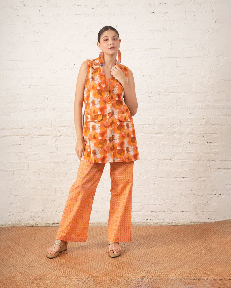 Rust Printed Co‑ord Set with Jacket cotton by Myoho in rust color for women Worldwide