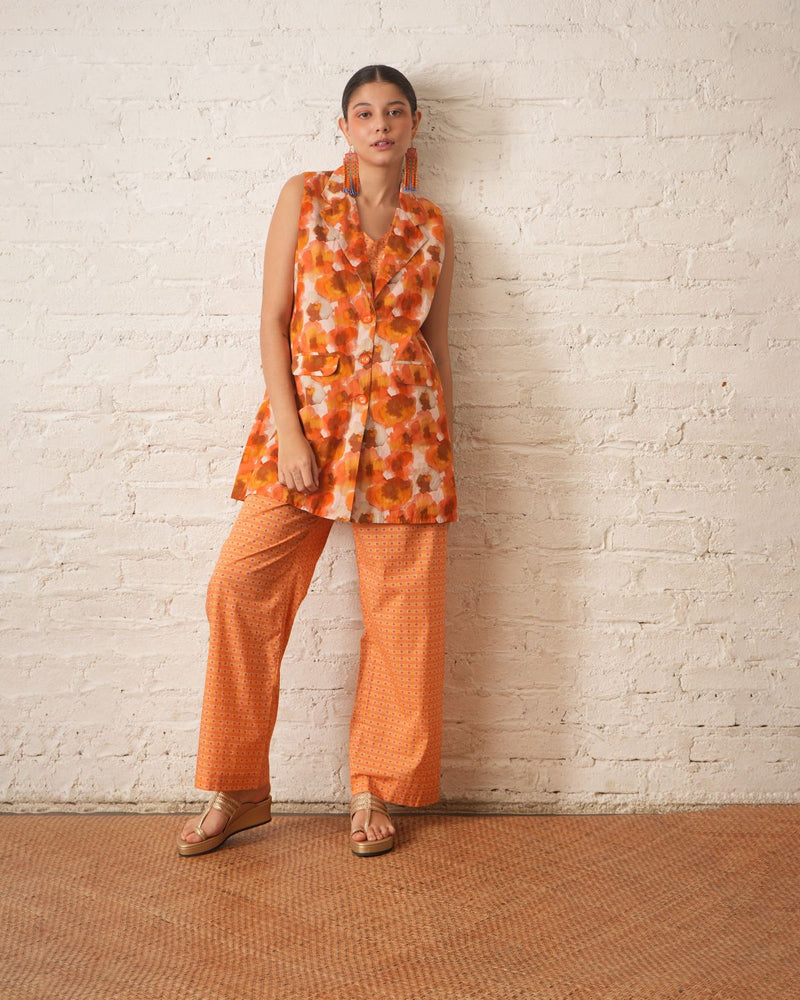 Rust Printed Co‑ord Set with Jacket cotton by Myoho in rust color for women Worldwide