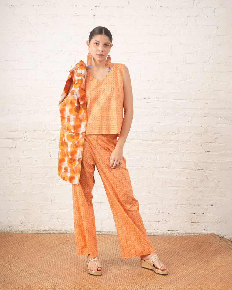 Rust Printed Co‑ord Set with Jacket cotton by Myoho in rust color for women Worldwide