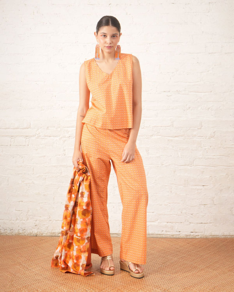 Rust Printed Co‑ord Set with Jacket cotton by Myoho in rust color for women Worldwide