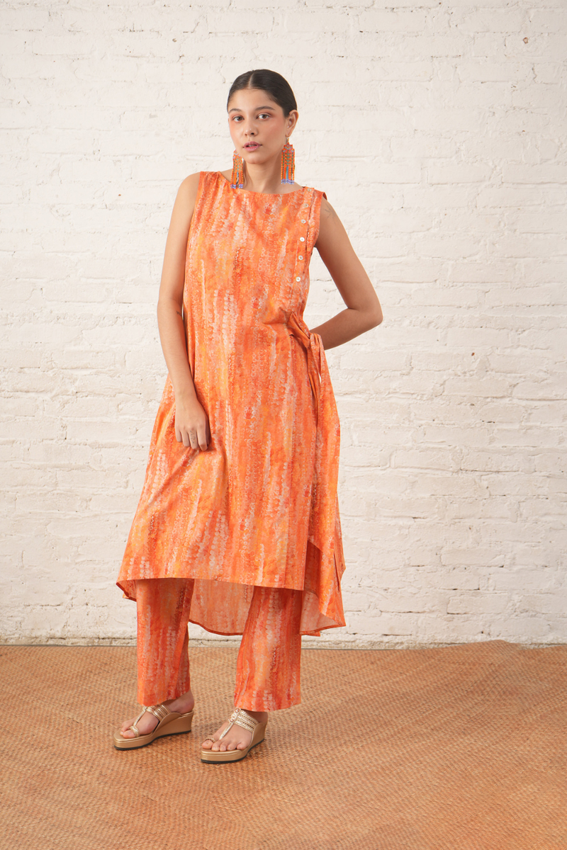 Peach Side Tie-Up Kurta with Pants cotton by Myoho in peach color for women Worldwide