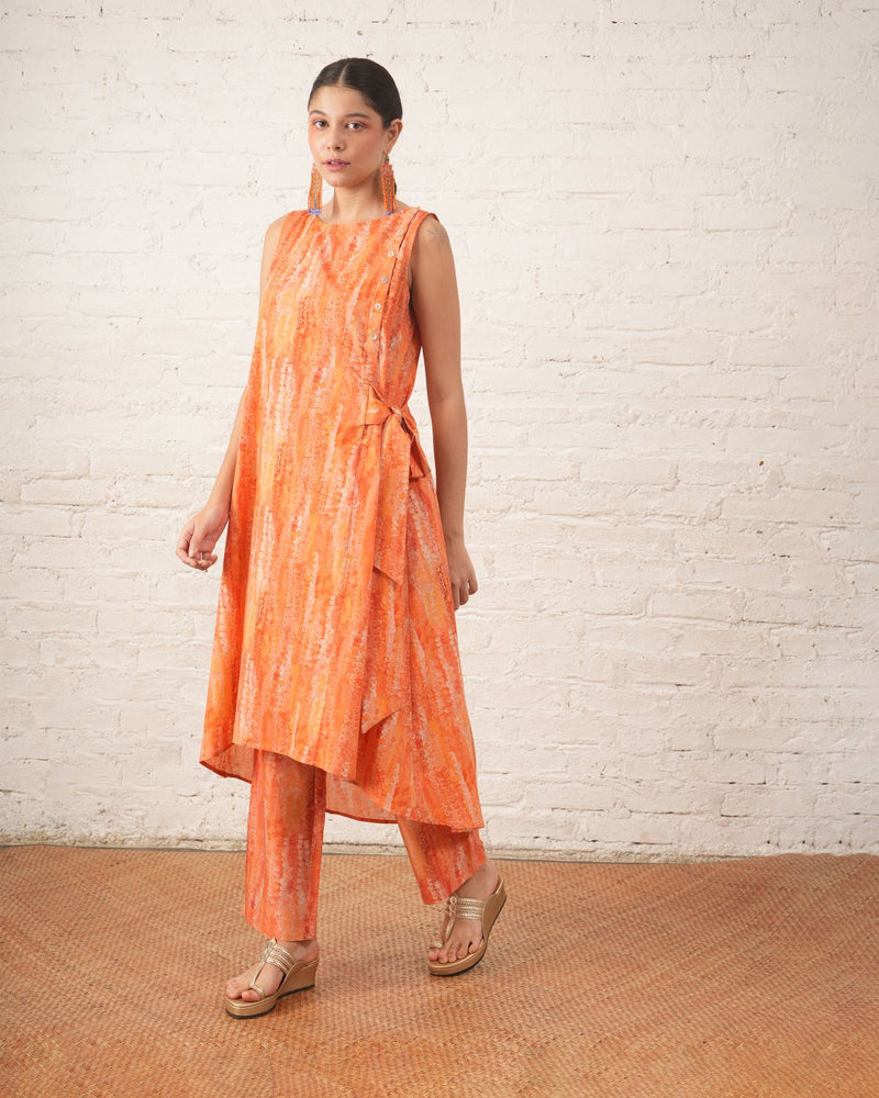 Peach Side Tie-Up Kurta with Pants cotton by Myoho in peach color for women Worldwide