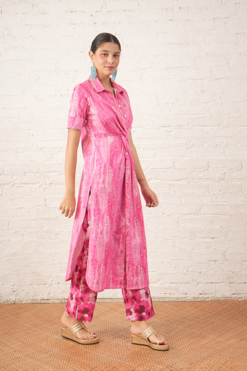 Pink Twist Dress with Printed Pants cotton by Myoho in pink color for women Worldwide