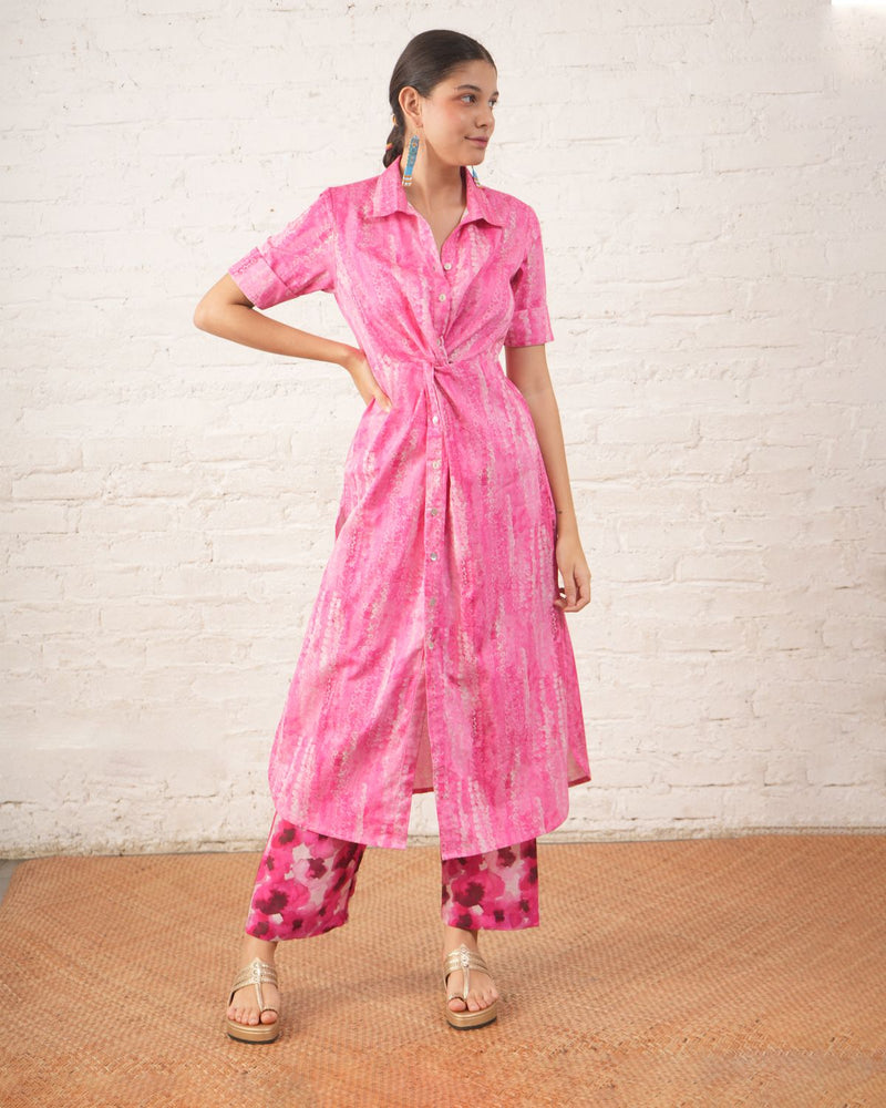 Pink Twist Dress with Printed Pants cotton by Myoho in pink color for women Worldwide