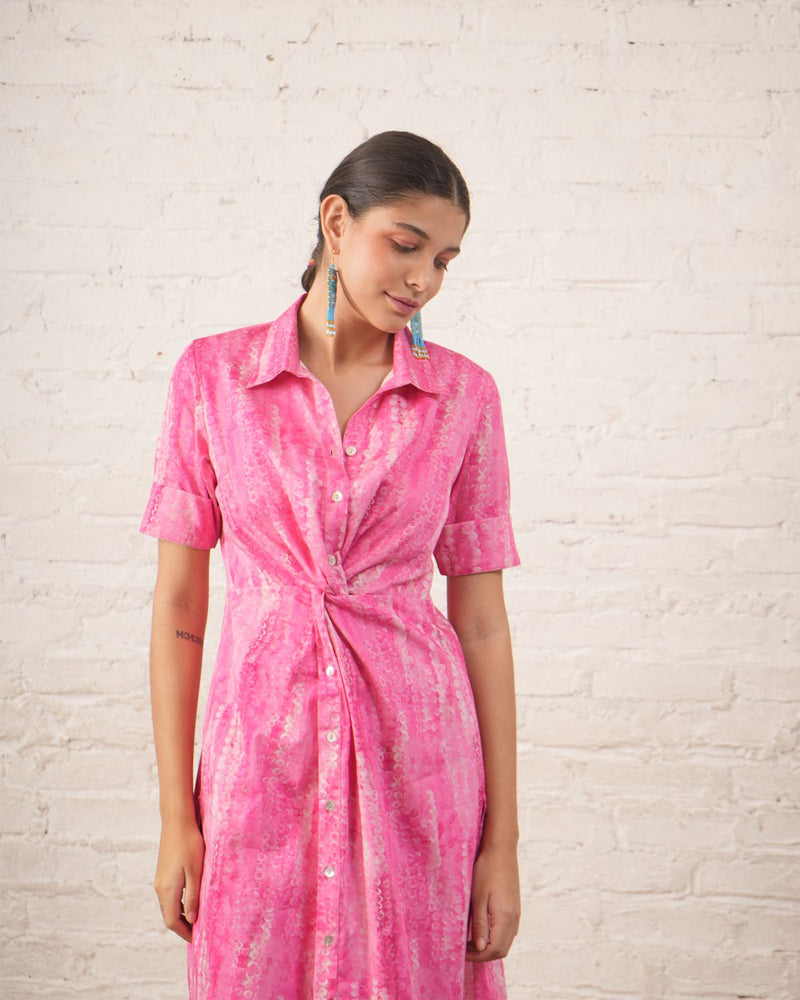Pink Twist Dress with Printed Pants cotton by Myoho in pink color for women Worldwide