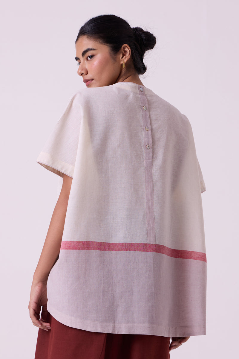 Kaze Ecru Colourblocked Handwoven Tent Top handwoven cotton top/shirt by The Summer House in off white for women Worldwide