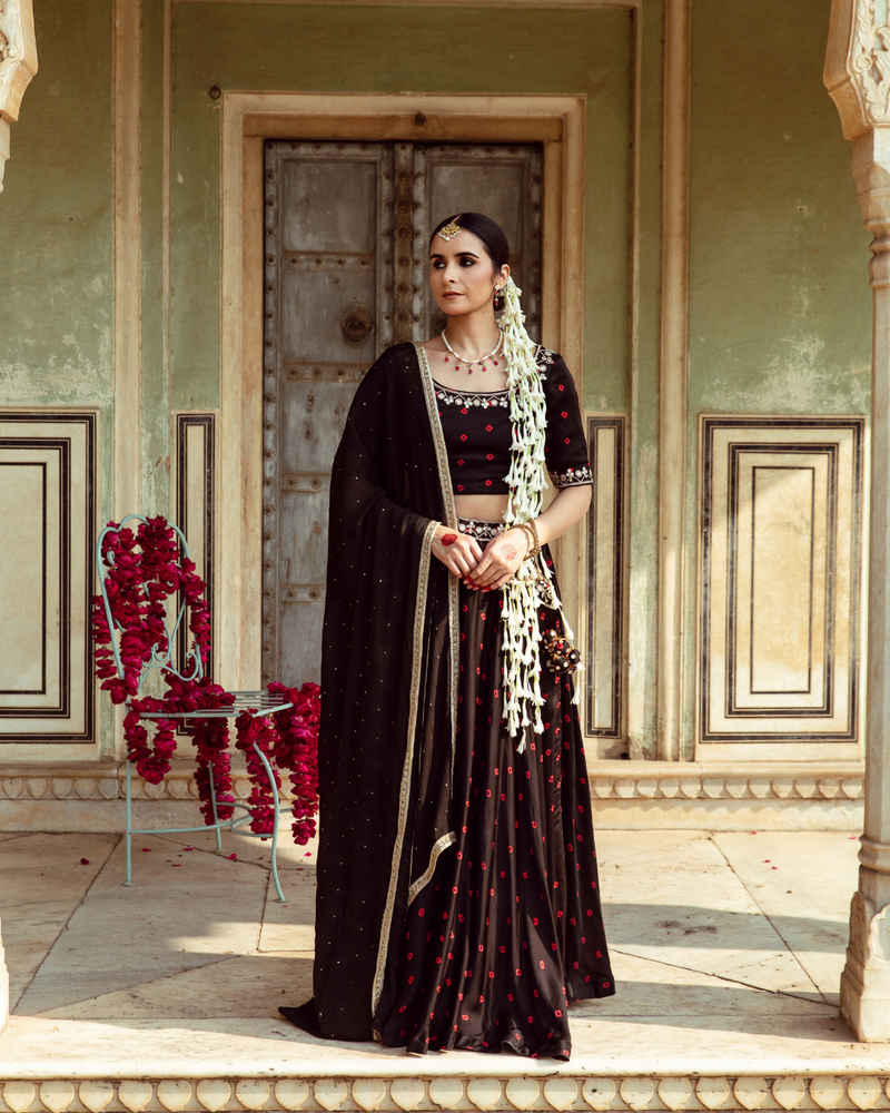Black & Red Bandhej Print Lehenga Set satin by Maison Shefali in multi color for women Worldwide