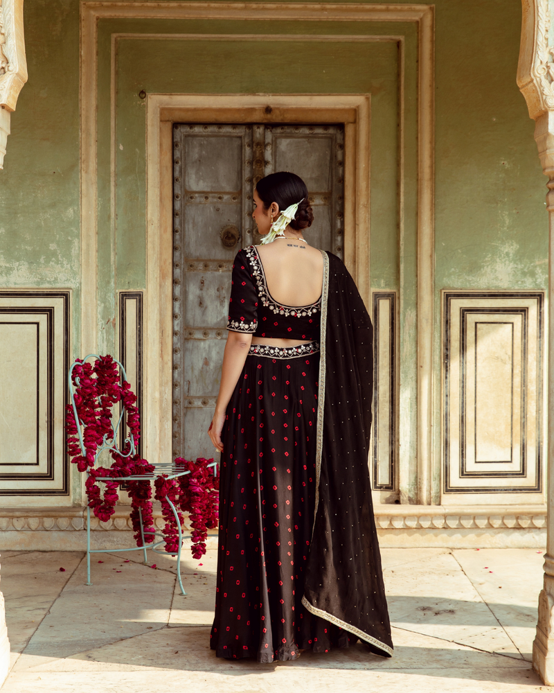 Black & Red Bandhej Print Lehenga Set satin by Maison Shefali in multi color for women Worldwide