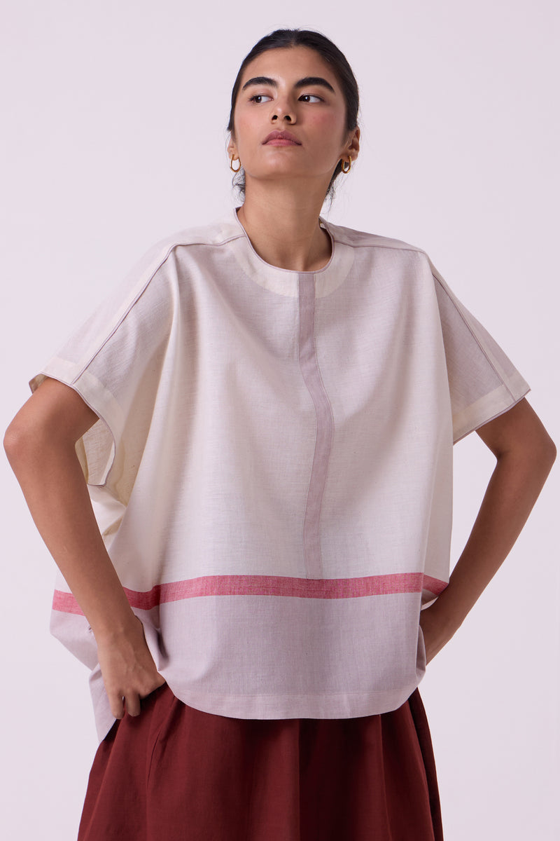Kaze Ecru Colourblocked Handwoven Tent Top handwoven cotton top/shirt by The Summer House in off white for women Worldwide