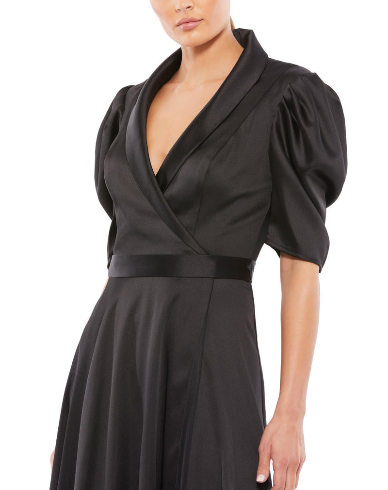 MD-26628 Collared Short Dress-Black satin by Mac Duggal in black color for women Worldwide