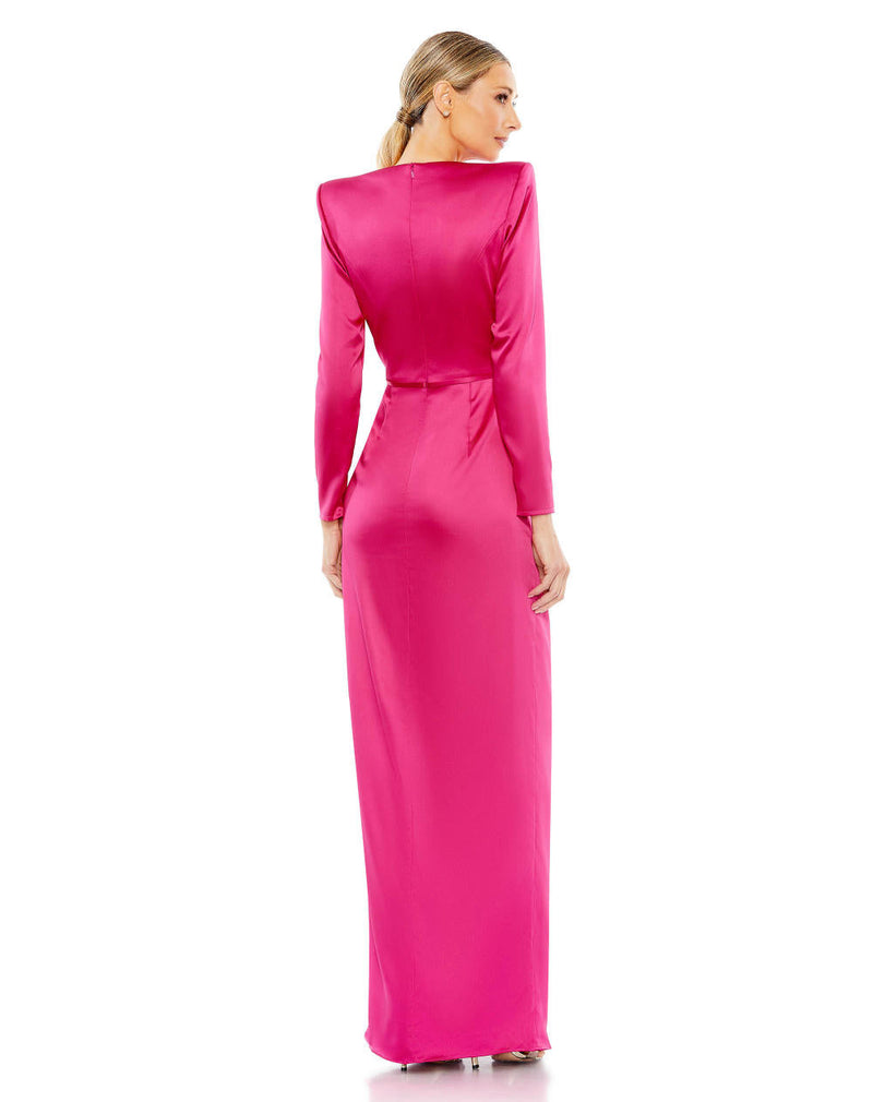 26676-Long Sleeve Structured Bow Draped Gown satin by Mac Duggal for women Worldwide