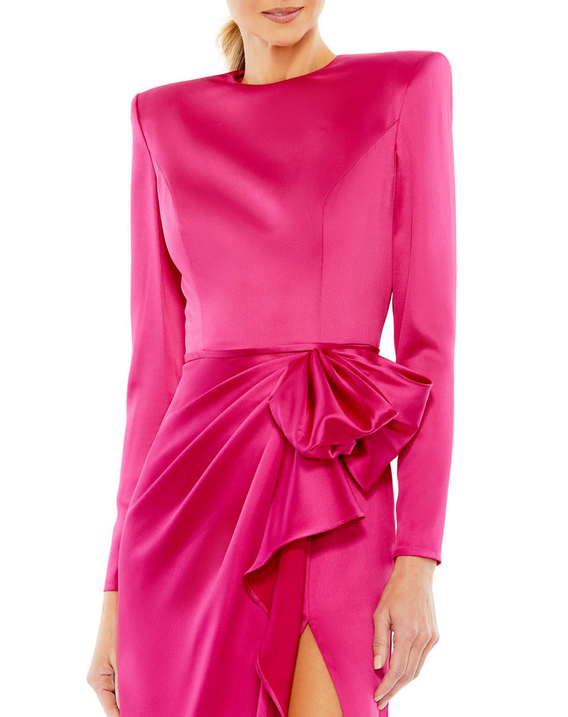 26676-Long Sleeve Structured Bow Draped Gown satin by Mac Duggal for women Worldwide