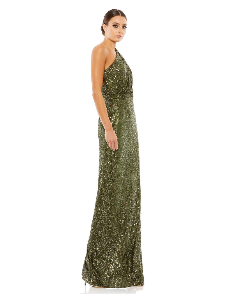 26694-Sequined Ruched One Shoulder Gown by Mac Duggal in olive color for women Worldwide