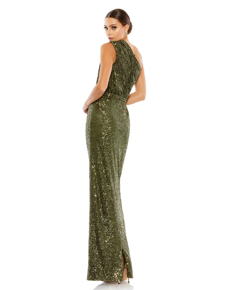 26694-Sequined Ruched One Shoulder Gown by Mac Duggal in olive color for women Worldwide