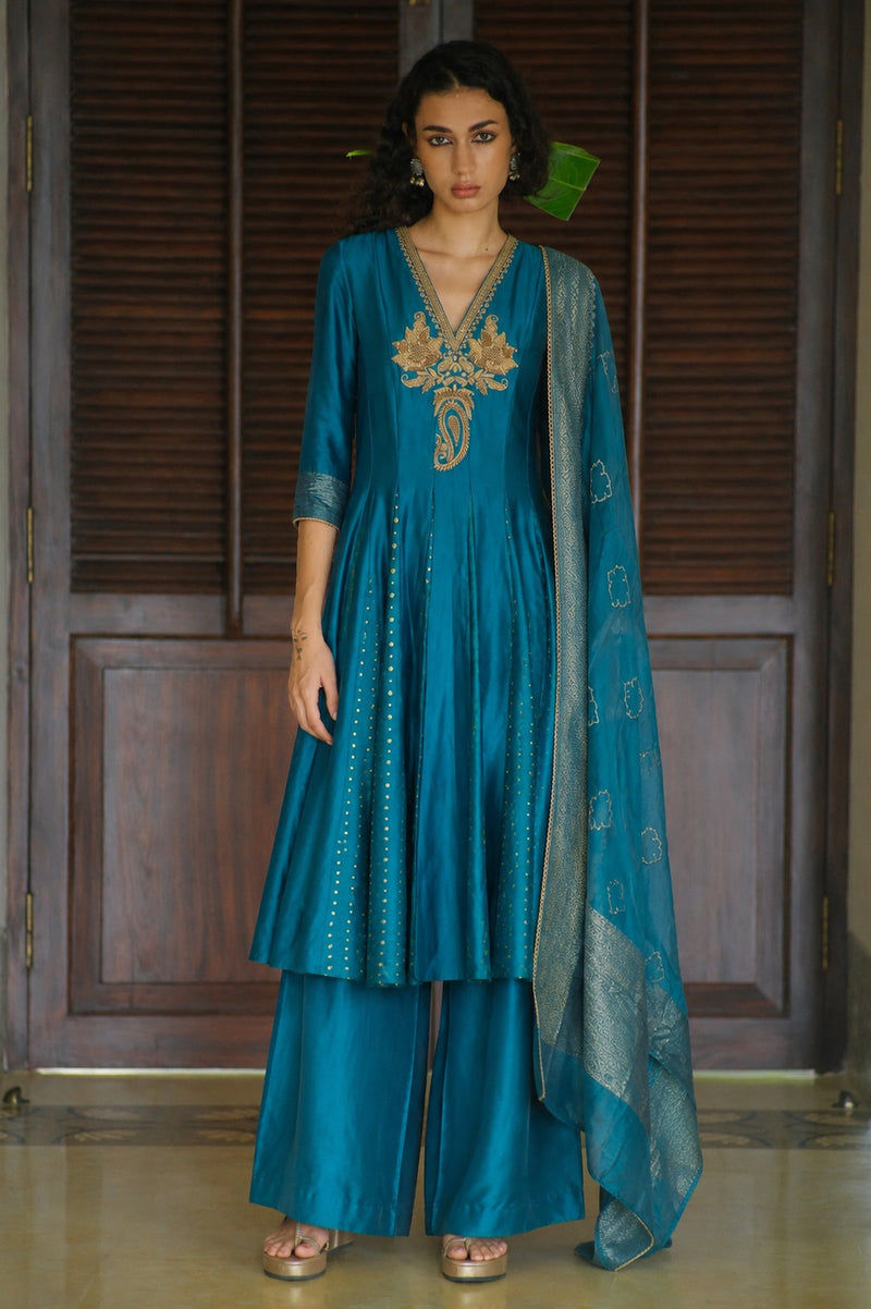 Parijat Kurta Set brocade, chanderi silk kurta/kurta set by Myoho in turqouise for women Worldwide