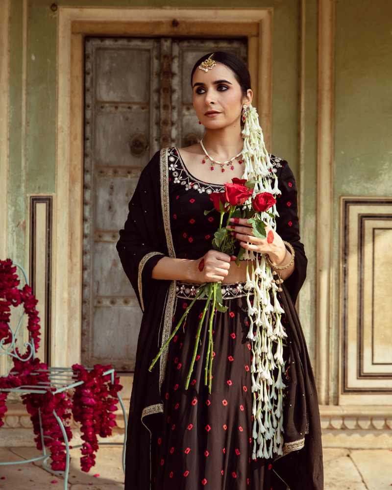 Black & Red Bandhej Print Lehenga Set satin by Maison Shefali in multi color for women Worldwide