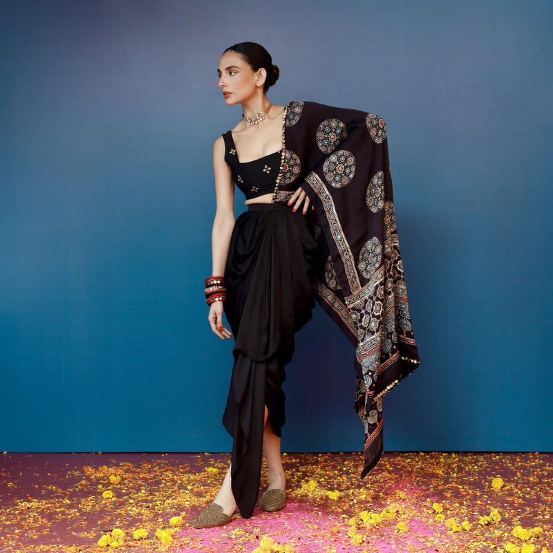 Aaram Ajrakh Drape Dress satin by PRAHNAAYA in black color for women Worldwide