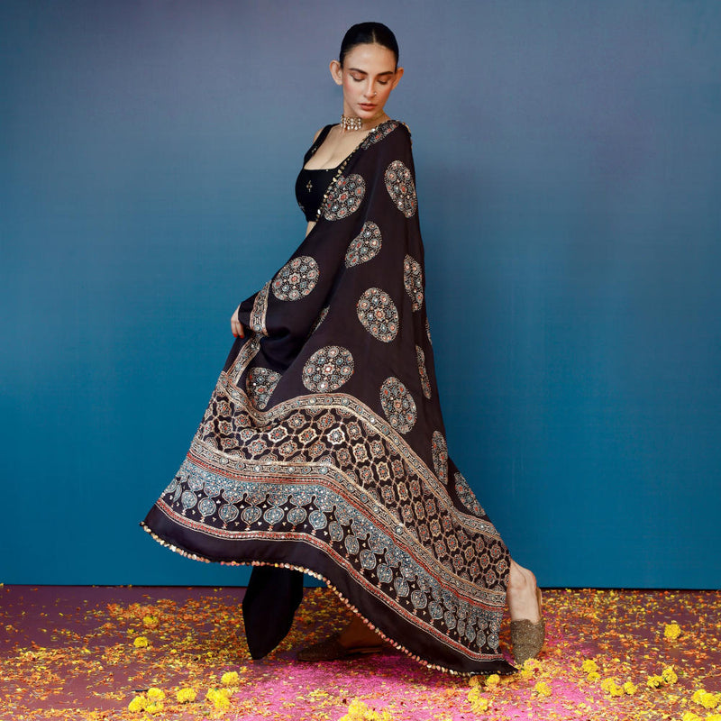 Aaram Ajrakh Drape Dress satin by PRAHNAAYA in black color for women Worldwide
