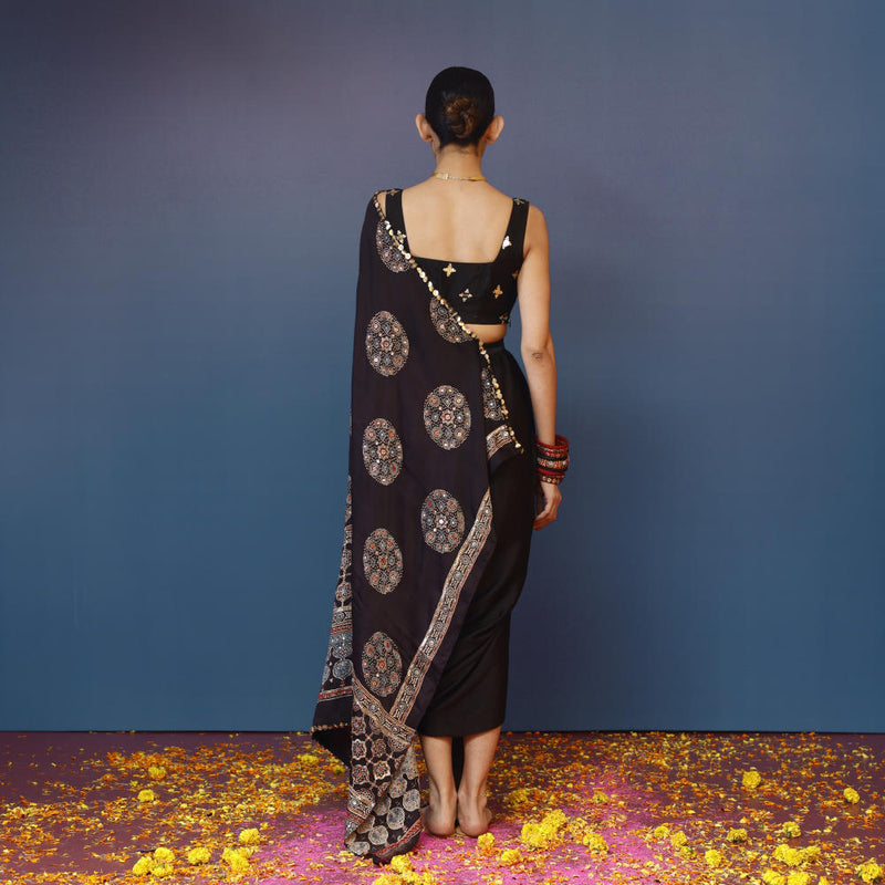 Aaram Ajrakh Drape Dress satin by PRAHNAAYA in black color for women Worldwide