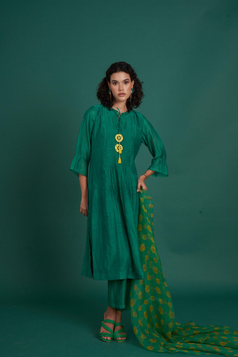 Orina mul cotton silk kurta set - Emerald silk by Priti Prashant in green color for women Worldwide