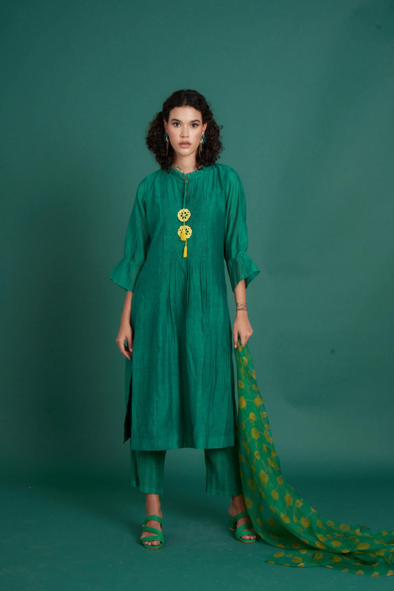 Orina mul cotton silk kurta set - Emerald silk by Priti Prashant in green color for women Worldwide
